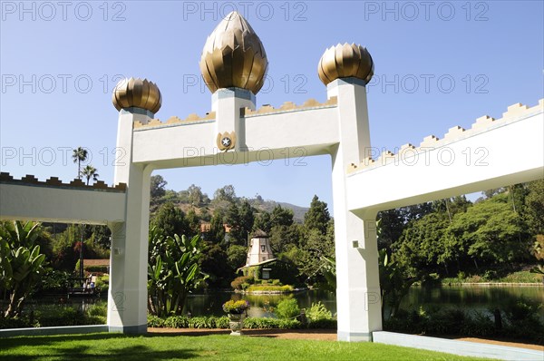 USA, California, Los Angeles, "View across lake to Windmill Chapel, Self Realization Lake Shrine, Pacific Palisades"