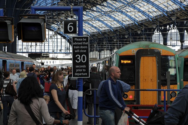 ENGLAND, East Sussex, Brighton, Newly refurbished mainline railway station interior.