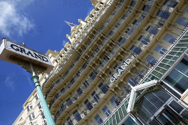 ENGLAND, East Sussex, Brighton, Exterior of the Grand Hotel on the Kings Road seafront.