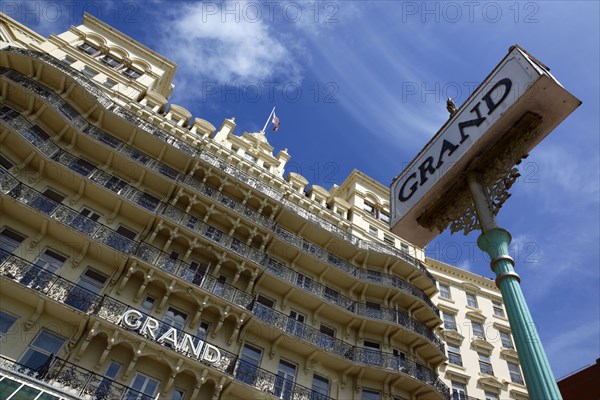 ENGLAND, East Sussex, Brighton, Exterior of the Grand Hotel on the Kings Road seafront.