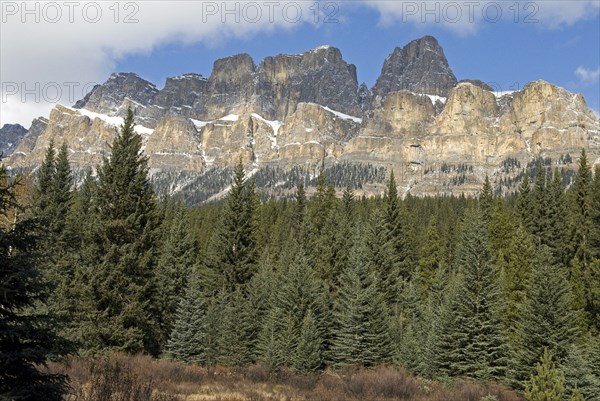 CANADA, Alberta , Banff NP, Castle Mountain a castellate formation of horizontal layers and verticle towers.