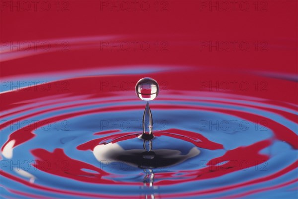 ELEMENTS, Water, Droplet, Water drop at moment of suspension above splash and surrounding circular ripples on water surface reflecting red and blue colour.
