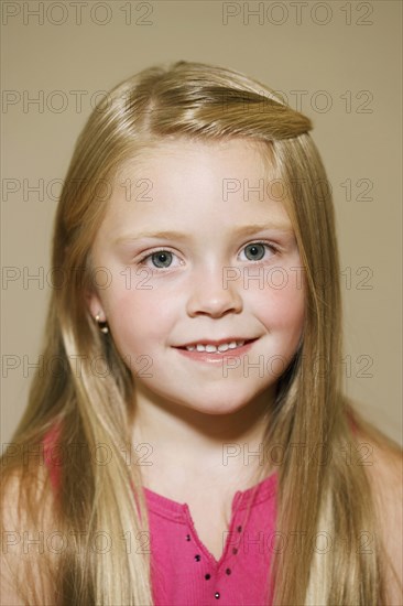 PEOPLE, Children, Girls, Portrait of 7 year old girl smiling.