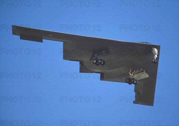 TRANSPORT, Air, Jets, B2 Stealth Bomber in flight with landing gear down.