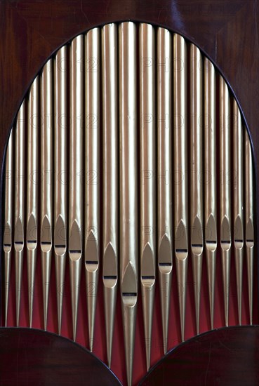 ENGLAND, West Sussex, Chichester, "Cathedral Interior, detail of minature organ showing the pipes."
