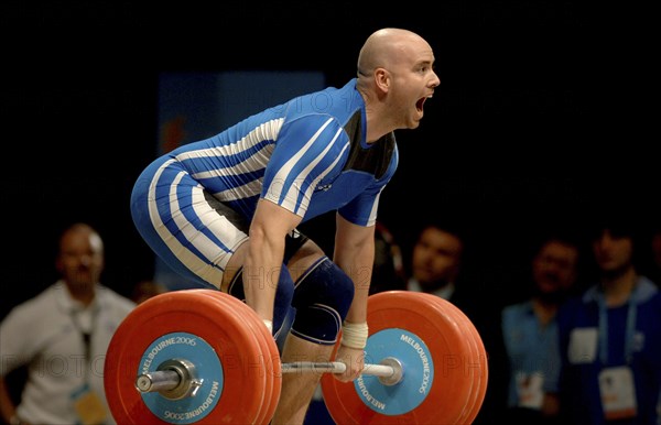 SPORT, Weights, Lifting, "Weight Lifting 94Kg, Tommy Yule winning Bronze medal during Melbourne 2006 Commonwealth Games."