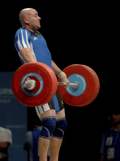 SPORT, Weights, Lifting, "Weight Lifting 94Kg, Tommy Yule winning Bronze medal during Melbourne 2006 Commonwealth Games."