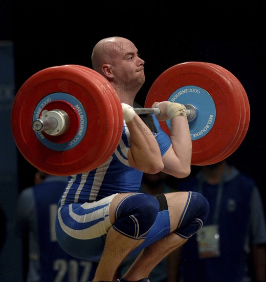 SPORT, Weights, Lifting, "Weight Lifting 94Kg, Tommy Yule winning Bronze medal during Melbourne 2006 Commonwealth Games."