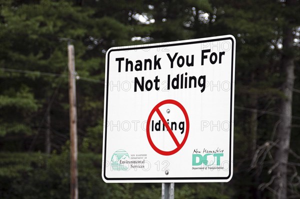 USA, New Hampshire, Stoddard, Thank you for not idling sign at rest area on route 9.