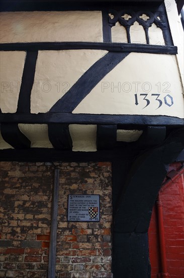 ENGLAND, East Sussex, Lewes, "High Street, Stewards Inn Building 1330, detail of tudor architecture."