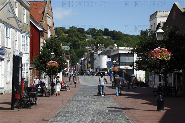ENGLAND, East Sussex, Lewes, "Cliffe High Street, Shoppers on pedestrianised area approaching the bridge."