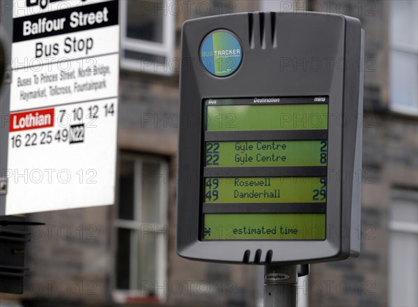 SCOTLAND, Lothian, Edinburgh, Bus Stop real time elctronic tracker to give time of next bus.