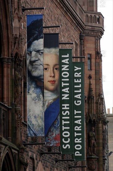 SCOTLAND, Lothian, Edinburgh, Exterior of the Scottish National Portrait Gallery in Queen Street with banners attached to the building.