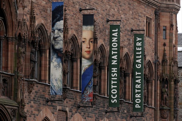 SCOTLAND, Lothian, Edinburgh, Exterior of the Scottish National Portrait Gallery in Queen Street with banners attached to the building.