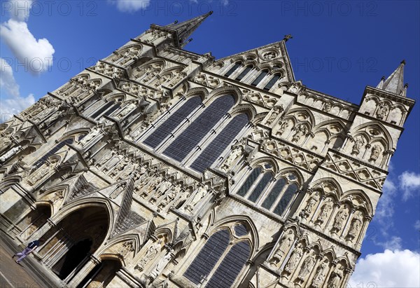 ENGLAND, Wiltshire, Salisbury, Cathedral West Front and entrance with life size statues of the saints.