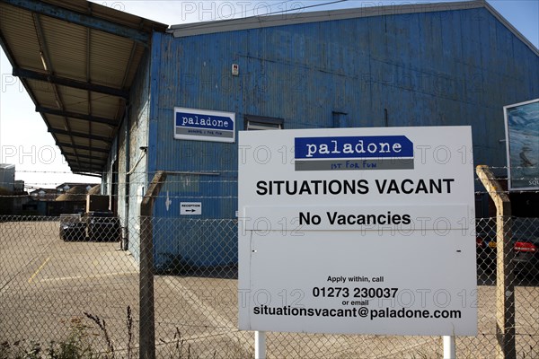 ENGLAND, West Sussex, Shoreham-by-Sea, Situations Vacant sign outside factory. No Vacancies.