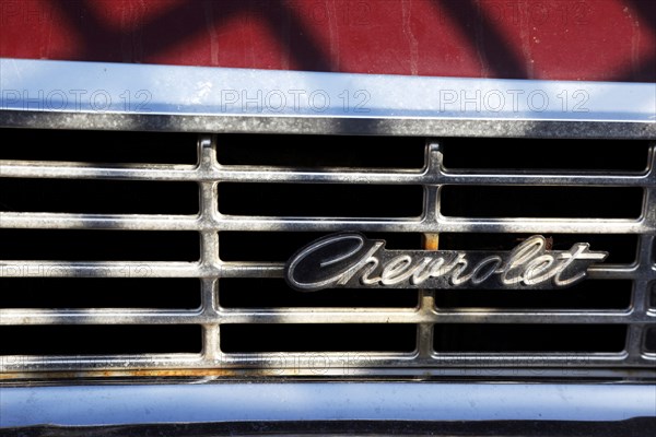 TRANSPORT, Road, Car, Detail of Radiator grill of Chevy Impala.