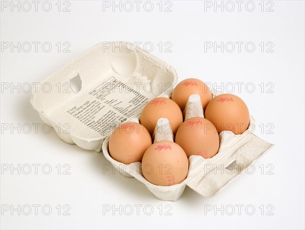 FOOD, Uncooked, Eggs, Box of six free range eggs in a box on a white background with The Lion mark which denotes eggs produced to a stringent Code of Practice incorporating the latest research and advice on Salmonella and eggs from scientists and vets and account for around 85% of UK egg production.