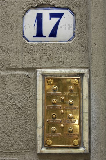 ITALY, Tuscany, Florence, No 17 Door Number and Brass Bell Plaque