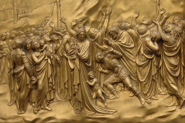 ITALY, Tuscany, Florence, Bronze Doors with Relief Sculptures by Lorenzo Ghiberti  Florence Baptistry  Piazza del Duomo.