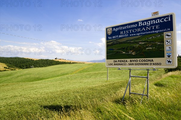 ITALY, Tuscany, Val D'Orcia, Agritourism sign for restaurant in field of ripe crops in the valley near Pienza.