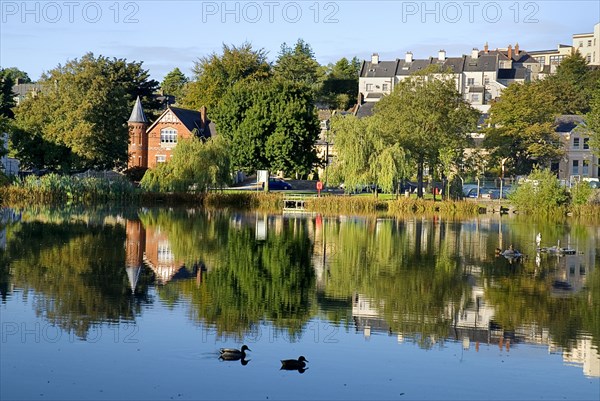 IRELAND, County Monaghan, Monaghan, Town, View across Peters Lake in town centre.