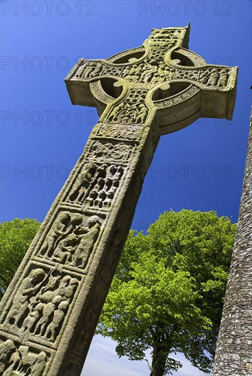 IRELAND, County Louth, Monasterboice Monastic Site, the West Cross slanted angular view of the east face.
