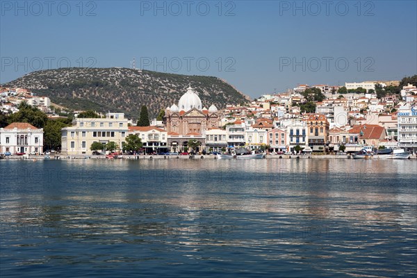 GREECE, North East Aegean, Lesvos Island, Mitilini, harbour with the sea at the foreground and blue sky.