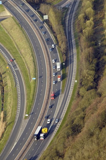 Scotland, Stirling, Aerial of dual carriageway road with feeding exit and entrance lanes.