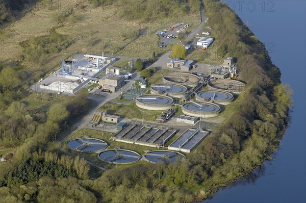 Scotland, Stirling, Aerial of Sewage water treatment works.