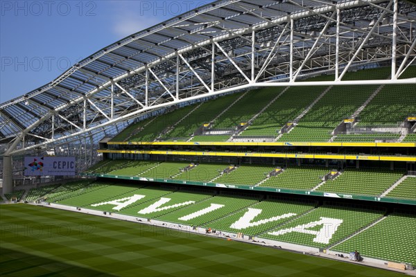 Ireland, County Dublin, Dublin City, Ballsbridge, Lansdowne Road, Aviva 50000 capacity all seater Football Stadium designed by Populus and Scott Tallon Walker. A concrete and steel structure with polycarbonate self cleaing glass exterior built at a cost of 41 million Euros. Home to the national Rugby and Soccer teams, aslo used as a concert venue.