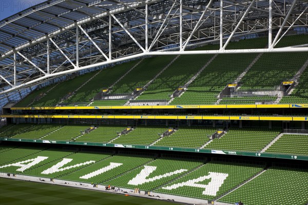 Ireland, County Dublin, Dublin City, Ballsbridge, Lansdowne Road, Aviva 50000 capacity all seater Football Stadium designed by Populus and Scott Tallon Walker. A concrete and steel structure with polycarbonate self cleaing glass exterior built at a cost of 41 million Euros. Home to the national Rugby and Soccer teams, aslo used as a concert venue.