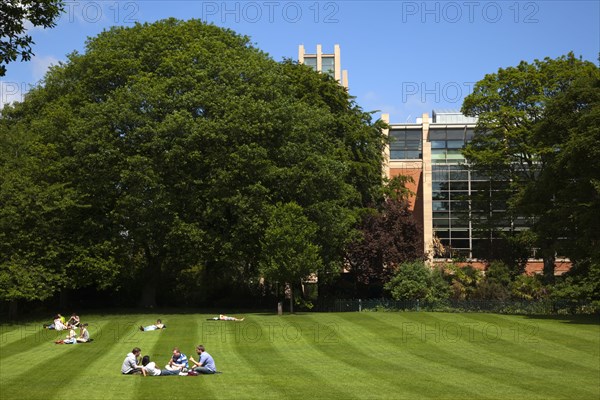 Ireland, North, Belfast, Botanic Gardens with people relaxing in the sun.