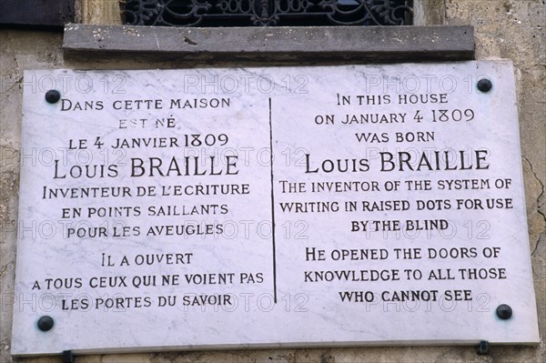France, Ile de France, Coupvray, Marble commemorative plaque on the house where Louis Braille lived in the commune.