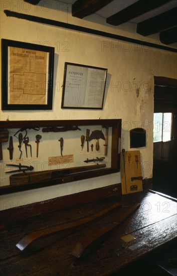 France, Ile de France, Coupvray, The workshop workbench and tools of the father of Louis Braille in the house where they lived in the village commune.