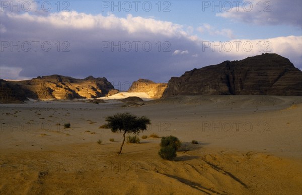 Egypt, Sinai Desert, St Catherineís Monastery, View over desert landscape from the Nuweiba Road towards the monastery in the distance.
