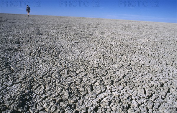 Namibia, Etosha National Park, Etosha Pan, Distant figure walking across dry and cracked expanse of the Etosha Pan which only collects water in the wet season.