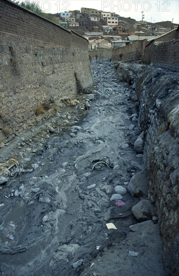 Bolivia, Potosi, Polluted river with industrial waste from Silver Mines.