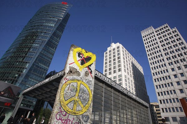 Germany, Berlin, section of the Berlin wall & railway station entrance at Potsdamer Platz.