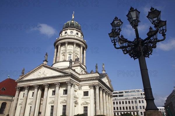 Germany, Berlin, Gendermenmarkt, Franzosischer Dom French Cathedral with street lamp to the right.
