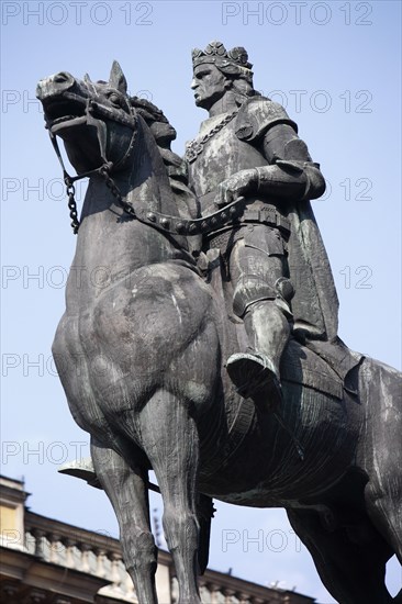 Poland, Krakow, Grunwald Monument by Marian Konieczny original by Antoni Wiwulski was destroyed in WWII on Matejko Square. Equestrian figure of King Wladyslaw Jagiello.