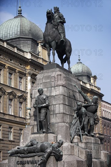 Poland, Krakow, Grunwald Monument by Marian Konieczny original by Antoni Wiwulski was destroyed in WWII on Matejko Square. Equestrian figure of King Wladyslaw Jagiello with the standing figure of Lithuanian Prince Witold & the defeated figure of Ulrich von Jungingen at the base.
