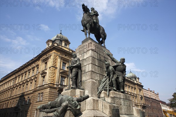 Poland, Krakow, Grunwald Monument by Marian Konieczny, original by Antoni Wiwulski was destroyed in WWII, on Matejko Square. Equestrian figure of King Wladyslaw Jagiello with the standing figure of Lithuanian Prince Witold & the defeated figure of Ulrich von Jungingen at the base.