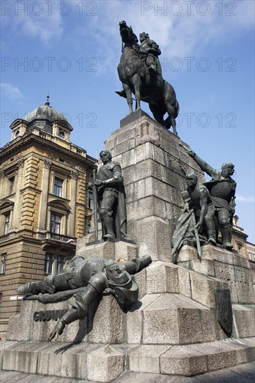 Poland, Krakow, Grunwald Monument by Marian Konieczny original by Antoni Wiwulski was destroyed in WWII on Matejko Square. Equestrian figure of King Wladyslaw Jagiello with the standing figure of Lithuanian Prince Witold & the defeated figure of Ulrich von Jungingen at the base