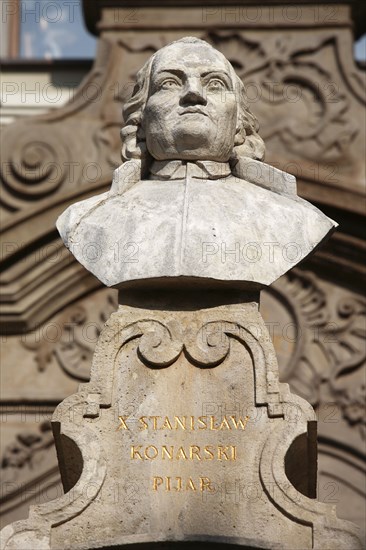 Poland, Krakow, bust of Stanislaw Konarski, a Polish pedagogue, educational reformer, political writer, poet, dramatist, Piarist monk and precursor of the Polish Enlightenment on the Piarist Church of the Transfiguration built from 1718 to 1728 by Kasper Bazanka.