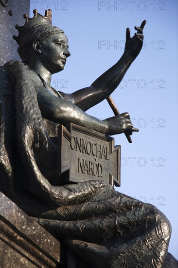 Poland, Krakow, Detail of female figure on monument to the polish romantic poet Adam Mickiewicz by Teodor Rygier in 1898 in the Rynek Glowny market square.