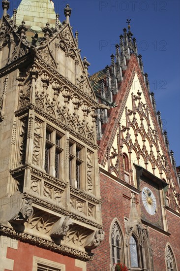 Poland, Wroclaw, Town Hall with sundial & decorative gable.