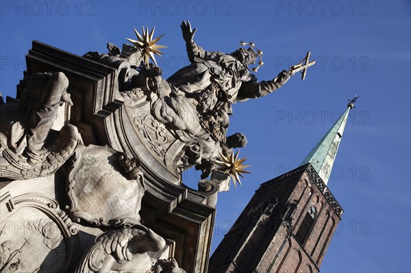 Poland, Wroclaw, baroque statue of St Jan Nepomucen St John Nepomuk made in sandstone by Johann Georg Urbansky in 1732 in front of the Church of the Holy Cross and St Bartholomew.