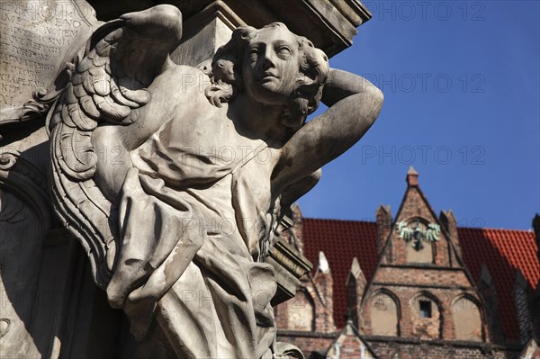 Poland, Wroclaw, detail of female figure on baroque statue of St Jan Nepomucen, St John Nepomuk, made in sandstone by Johann Georg Urbansky in 1732 in front of the Church of the Holy Cross and St. Bartholomew.