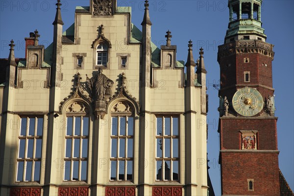 Poland, Wroclaw, restaurant facade & the Municipal Museum in the Rynek old town square.